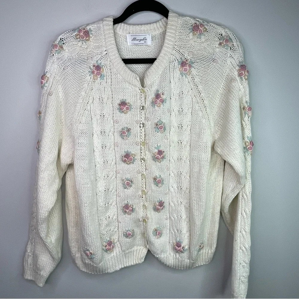 Vintage Margules Cottagecore Cream Cardigan with Floral Accents Size Large - Picture 5 of 10
